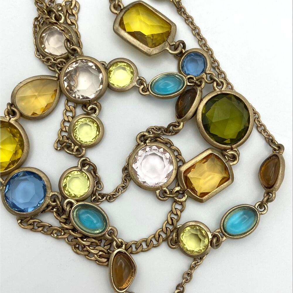 Talbots Double Strand Open Bezel Station Necklace Multi Color Gold Tone Long 33"